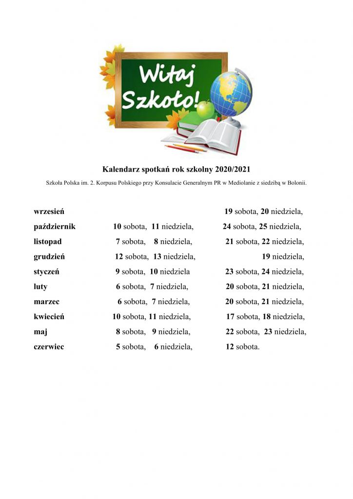 KALENDARZ SPOTKAŃ PLAN LEKCJI 2020/2021