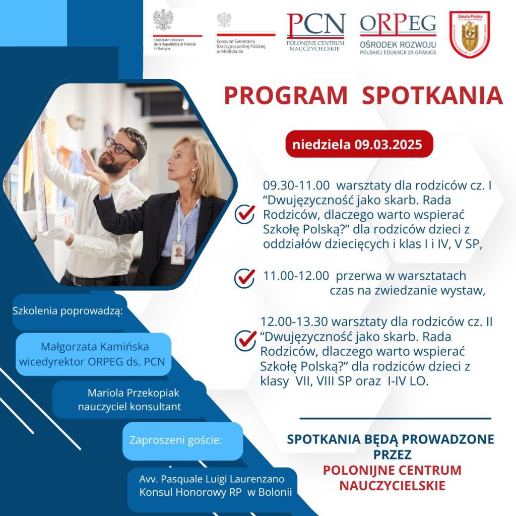 Warsztaty dla rodziców „Dwujęzyczność jako skarb”, „Dlaczego warto wspierać Szkołę Polską?”.