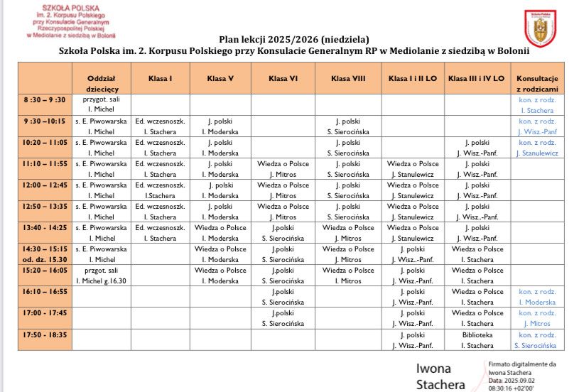 Plan lekcji 2025/2026 niedziela