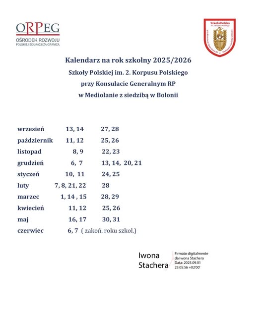 Kalendarz  spotkań na rok szkolny 2025/2026
