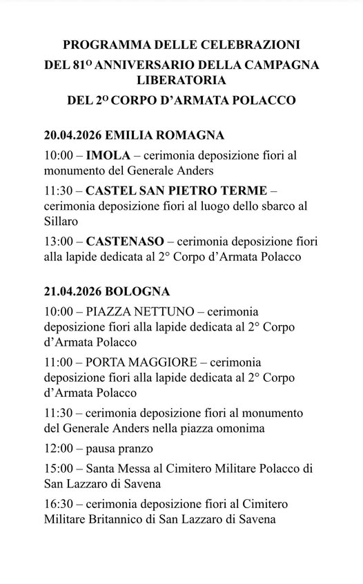 Program obchodów 81. Rocznicy  Wyzwolenia Bolonii  przez Żołnierzy  2. Korpusu Polskiego